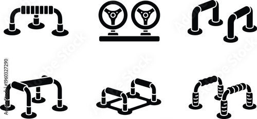 Calisthenics and street workout equipment icons set including parallel bars, push up stands and fitness handles isolated on white background vector illustration