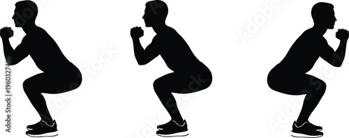 Squat exercise silhouettes showing proper bodyweight training posture for fitness, strength workout and lower body muscle development isolated on white background