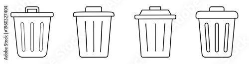 four trash can icons arranged side by side simple black and white design
