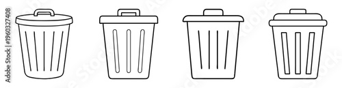 Black and white outlines of four trash cans with lids and handles