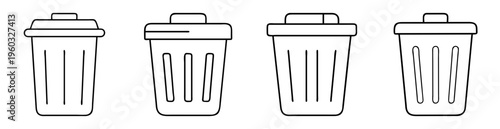 Collection of four line art style trash cans on a white background