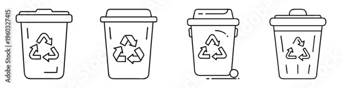 Vector illustration of four recycle bins with recycling symbol in line art