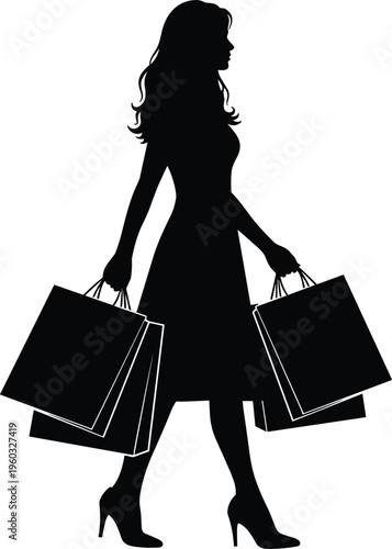 Woman silhouette walking with multiple shopping bags, fashion retail vector illustration, stylish consumer lifestyle artwork, modern shopping spree concept design graphic