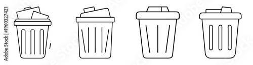 Four different trash can icons with varying styles and content, outline vector
