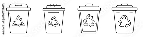 Four lined drawings of recycling bins showcasing environmental awareness and sustainability