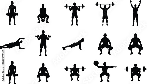 Fitness workout silhouettes collection with dumbbell, barbell, squats, push ups and strength training exercises isolated on white background vector illustration