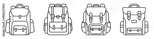 Line art illustration of four different types of camping backpacks