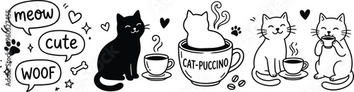 Cute Cat Coffee Doodle Set Featuring Kittens In Mugs With Catpuccino Pun And Speech Bubbles Vector Illustration.