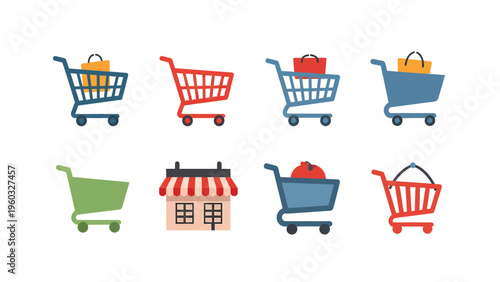 E-commerce and Retail Shopping Icons Set: Carts, Storefront, Bags