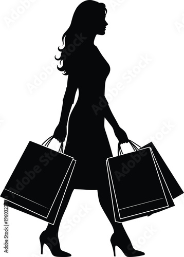 Woman silhouette walking with multiple shopping bags, fashion retail vector illustration, stylish consumerism artwork, modern lifestyle design, shopping spree concept graphic