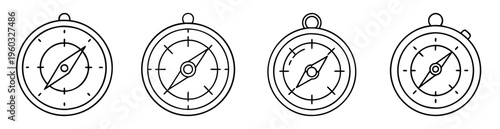 A collection of line art style drawing of navigation compass icons