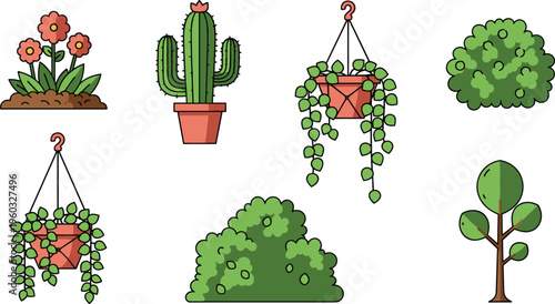 Garden Plants Vector Icon Set Featuring Flowers, Cactus, Hanging Plants, Bushes, and Trees for Nature, Landscaping, and Botanical Design Projects