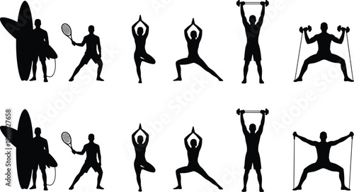 Sport and fitness silhouettes set featuring surfing, tennis, yoga poses, weightlifting and resistance band exercises isolated on white background vector illustration