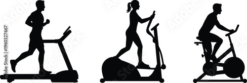 Cardio fitness silhouettes featuring treadmill running, elliptical trainer workout and stationary cycling exercise isolated on white background vector illustration
