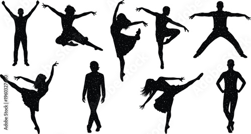 Dancing people silhouette set male and female ballet dancers jumping and posing in graceful motion cad drawing flat vector illustration isolated on white.