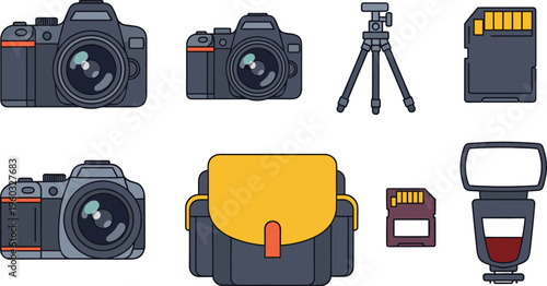 Photography Equipment Vector Icon Set Featuring DSLR Cameras, Tripod, Camera Bag, Flash, Memory Card, and Battery for Professional Photo and Media Design