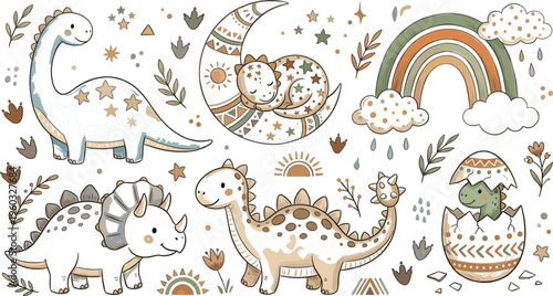 Cute Boho Dinosaur Collection Featuring Brachiosaurus Triceratops And Stegosaurus With Rainbow Moon And Clouds Vector Illustration.