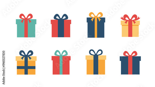 Set of colorful flat design gift boxes with bows. Modern vector illustration for holidays, birthdays, and celebrations.