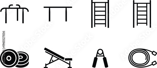 Calisthenics and gym equipment icons including parallel bars, wall ladder, weight plates, bench, hand gripper and jump rope isolated on white background