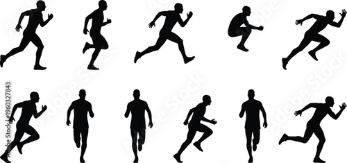 Running and sprinting athlete silhouettes collection showing different motion poses for speed training, track and field sports isolated on white background
