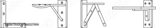 Set of foldable wall mounted brackets and hinges technical line drawing showing support mechanisms for shelves furniture hardware isolated on white background