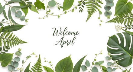 Elegant Floral Border Welcoming April with Lush Green Leaves and Ferns
