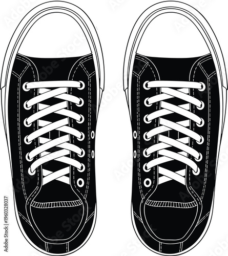 Top view of a black and white canvas sneakers vector illustration with white laces, casual footwear silhouette isolated on white.