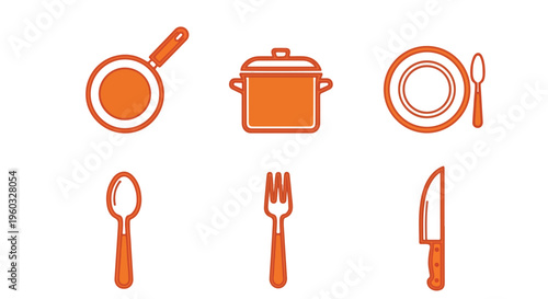 Flat lay of orange kitchen utensils and dishware icons on a white background.