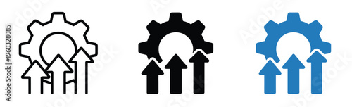 Progress and improvement gear icon, gear with three rising arrows representing advancement, growth, and optimization, clean vector on white background for corporate and tech visuals.