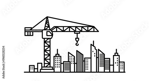 Construction crane towering over city buildings, urban development project.