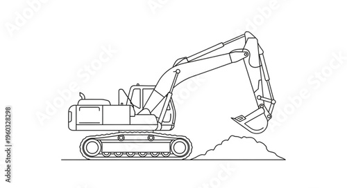 Detailed outline of an excavator machine, ready for construction work, digging earth.