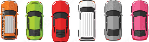Top view set of colorful cars and SUVs, architectural vehicle symbols for site plans, transport vector icons on white, isolated.