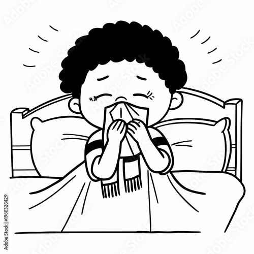 Cute little African boy sneezing with flu and cold allergic symptoms blowing nose into tissue paper
