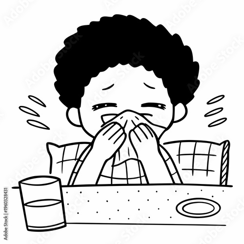 Cute little African boy sneezing with flu and cold allergic symptoms blowing nose into tissue paper
