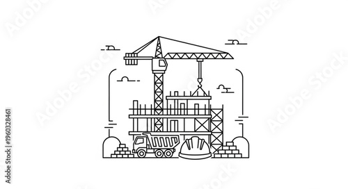 Construction site with crane building a new structure, line art illustration.