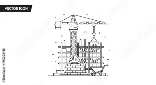 Construction site with crane, scaffolding, and building materials in progress.