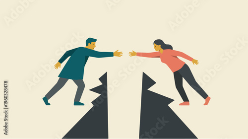 Businessman and woman reaching out.