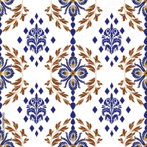 Elegant vintage floral seamless pattern with damask ornaments and decorative leaves in classic style for textile and wallpaper design.