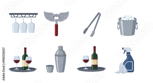 Flat lay illustration of various bar tools and wine glasses on a clean white background with a minimalist style and muted color palette.
