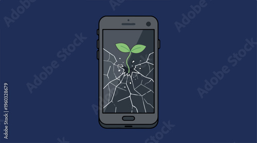 Cracked smartphone screen with alien.