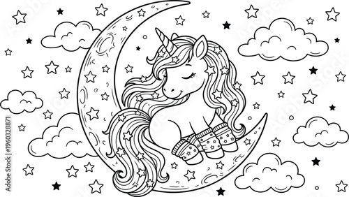 Cute Sleeping Baby Unicorn On Crescent Moon Surrounded By Stars And Fluffy Clouds For Kids Coloring Page Vector.