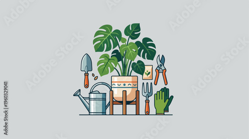 Gardening tools and plants.