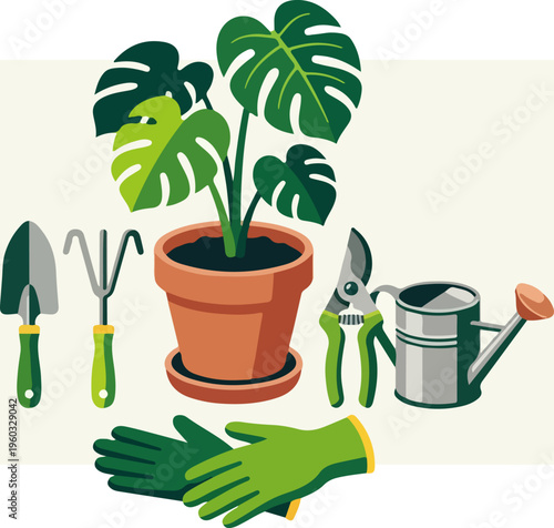 Gardening tools and green gloves.