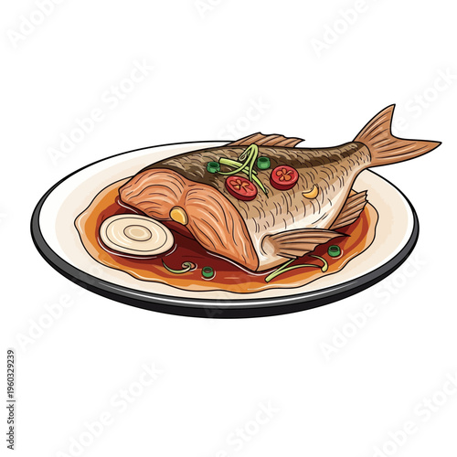 Whole cooked fish with garnishes on a plate, isolated illustration
