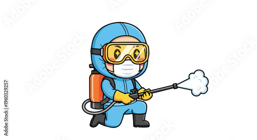 Cartoon illustration of a person wearing a hazmat suit spraying a disinfectant with a white background.