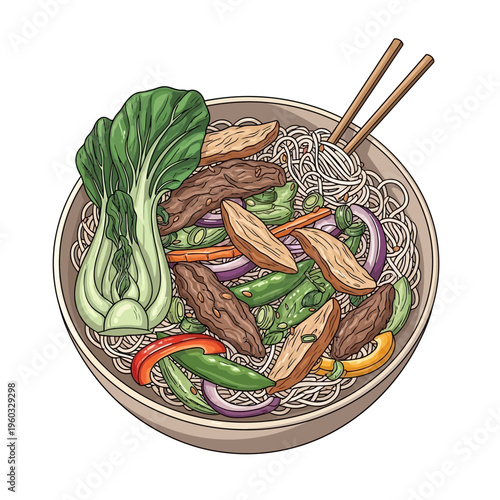 Asian Noodle Bowl with Bok Choy, Vegetables and Meat