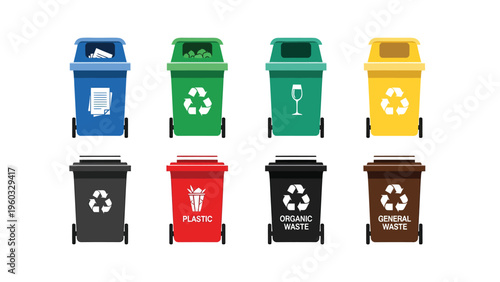 Waste Sorting and Recycling Bins Set. Colorful Trash Cans for Paper, Plastic, Organic, Glass, and General Waste Segregation