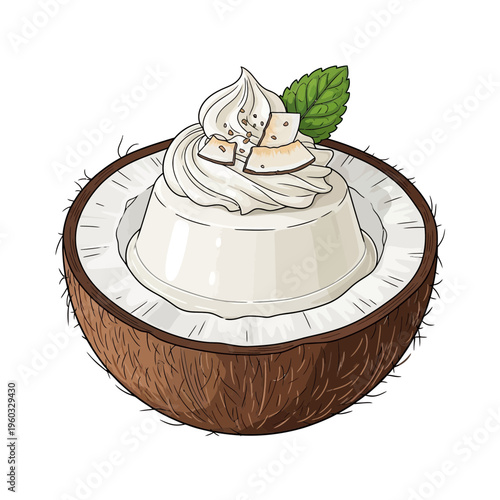 Coconut dessert in half coconut shell with whipped cream and mint leaf