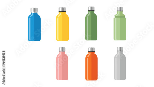 Set of Colorful Reusable Insulated Water Bottles with Metal Caps. Eco-Friendly Drink Containers Vector Art.