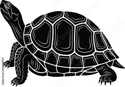 Tortoise silhouette vector illustration, turtle reptile side view isolated on white, wild animal character, nature conservation, decorative shell pattern design.